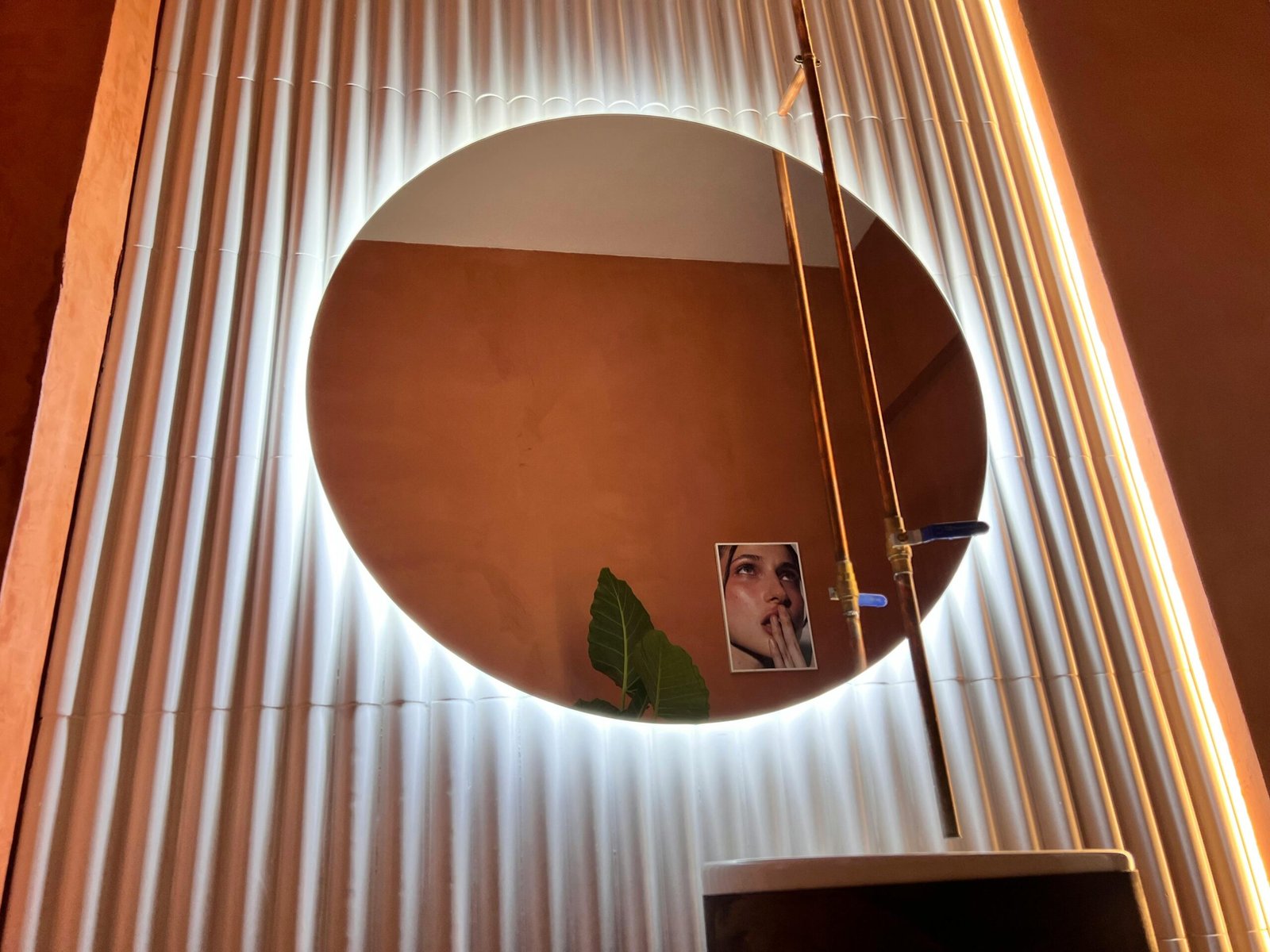 A modern circular mirror with LED lights on a paneled wall, reflecting art and foliage.