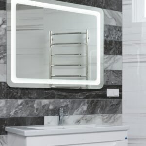 Contemporary bathroom with stainless steel tap and washstand under mirror reflecting metal rack in house